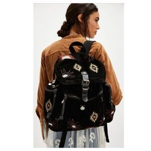 Free People Versailles Suede Black And Gold Embroidered Backpack NWT